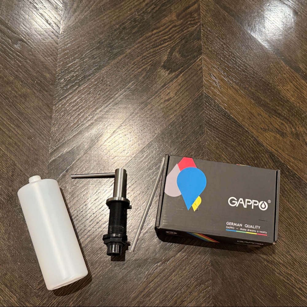 Brand New in box GAPPO Soap Dispenser with Bottle. Brushed silver